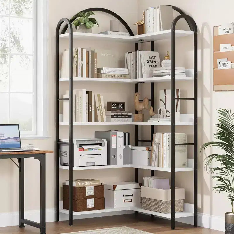 Étagère d'Angle Industrielle, Étagère en Forme de L à 5 Niveaux avec Cadre Métallique, Grande Bibliothèque pour Salon et Chambre