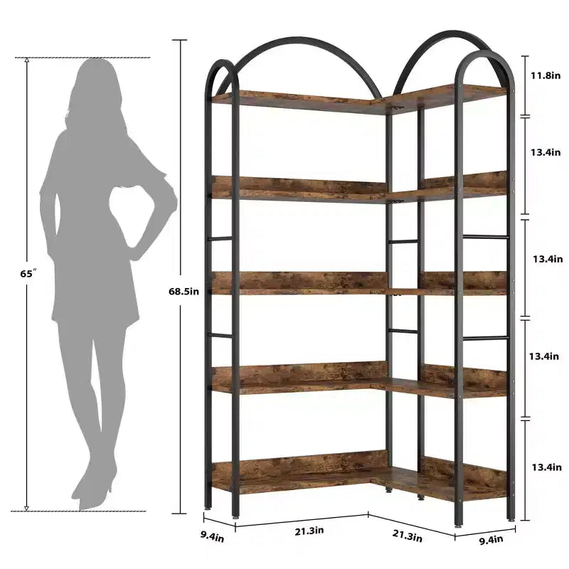 Étagère d'Angle Industrielle, Étagère en Forme de L à 5 Niveaux avec Cadre Métallique, Grande Bibliothèque pour Salon et Chambre