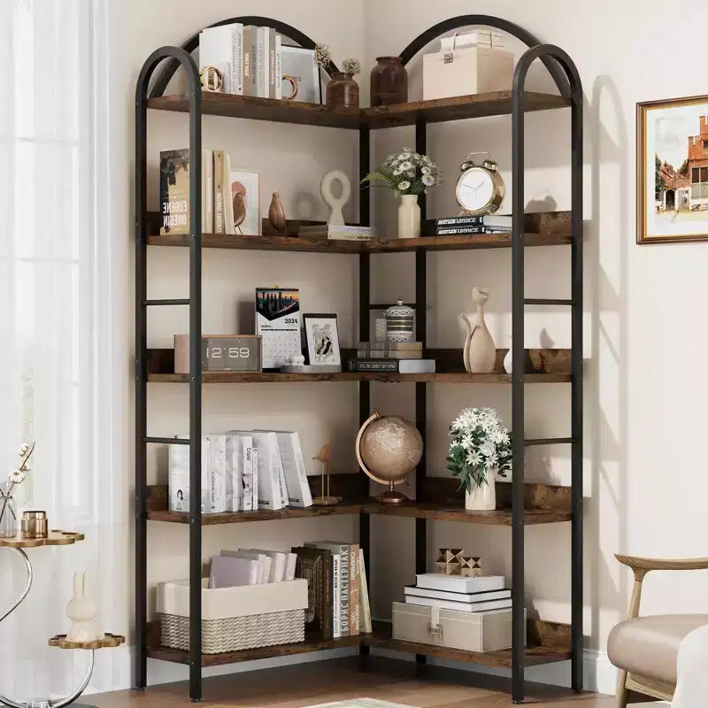 Étagère d'Angle Industrielle, Étagère en Forme de L à 5 Niveaux avec Cadre Métallique, Grande Bibliothèque pour Salon et Chambre