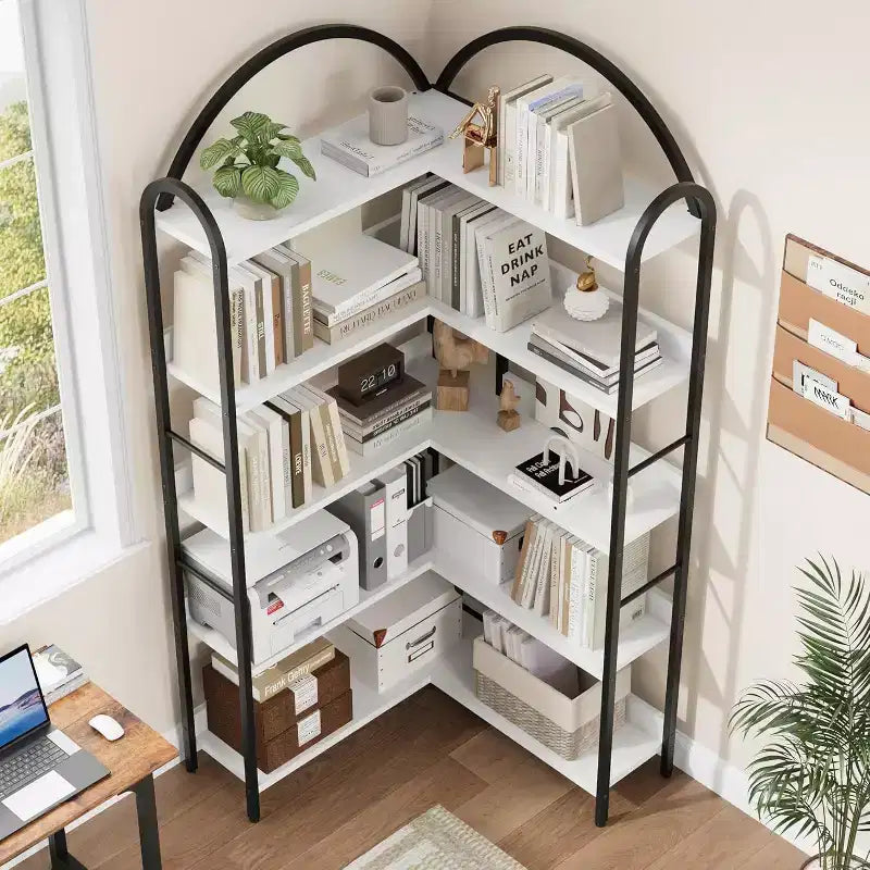 Étagère d'Angle Industrielle, Étagère en Forme de L à 5 Niveaux avec Cadre Métallique, Grande Bibliothèque pour Salon et Chambre