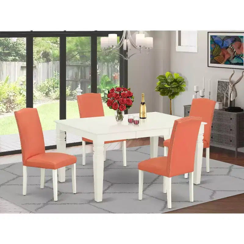 Ensemble Table de Cuisine 5 Pièces Table Rectangulaire avec Chaises - Salle à Manger 107/152 cm Pieds Blanc Lin Flamant Rose