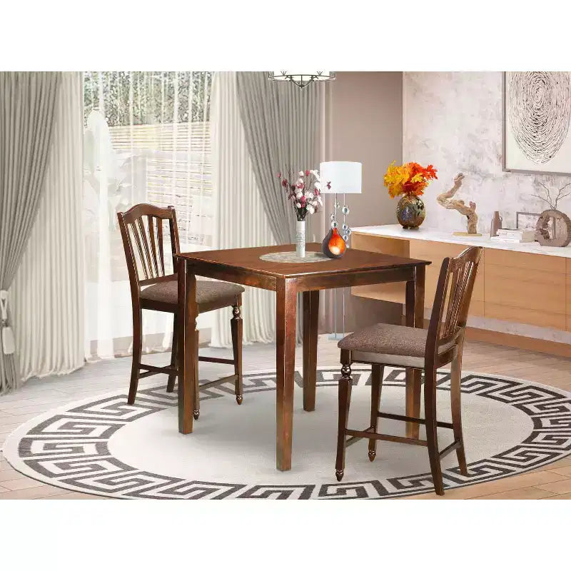 Ensemble de salle à manger hauteur comptoir - Table et chaises 3 pièces - Table de bar rembourrée en lin - Acajou 36x36 pouces