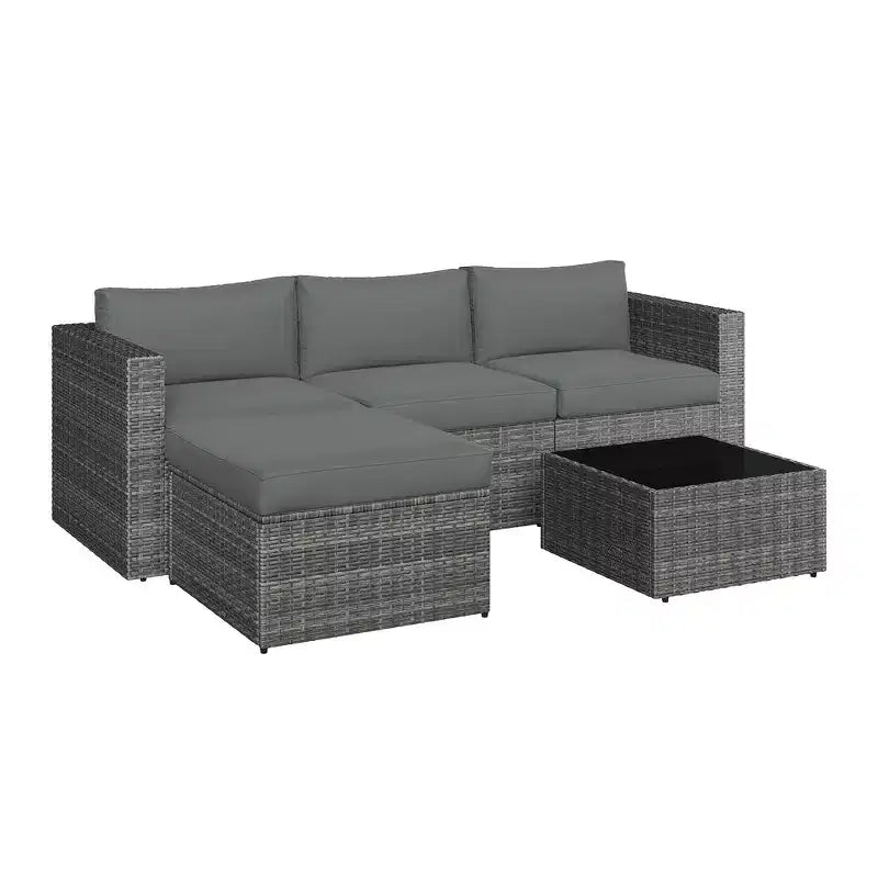 Ensemble de mobilier de jardin 5 pièces, canapé d'angle modulaire en osier pour l'extérieur avec coussins et table basse, gris