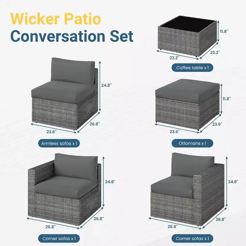 Ensemble de mobilier de jardin 5 pièces, canapé d'angle modulaire en osier pour l'extérieur avec coussins et table basse, gris