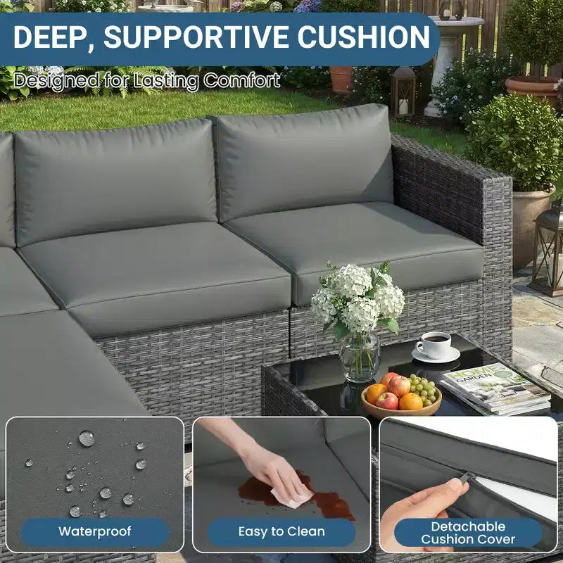 Ensemble de mobilier de jardin 5 pièces, canapé d'angle modulaire en osier pour l'extérieur avec coussins et table basse, gris