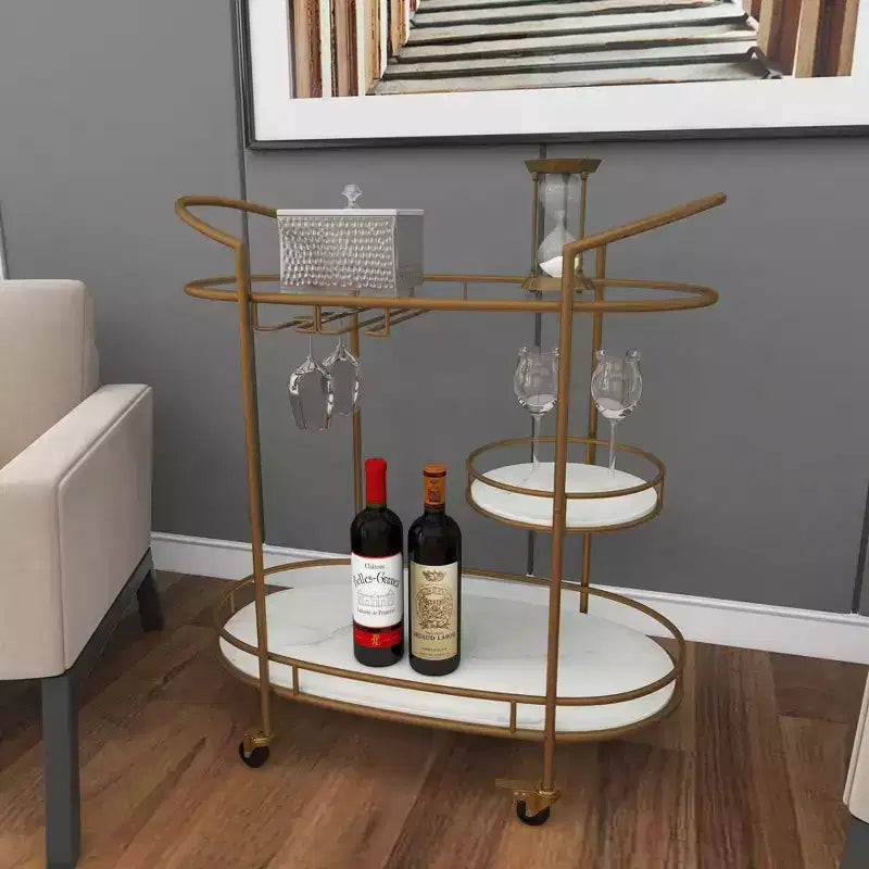 Chariot de bar contemporain en fer doré - Élégant rangement roulant à 3 niveaux, usage intérieur