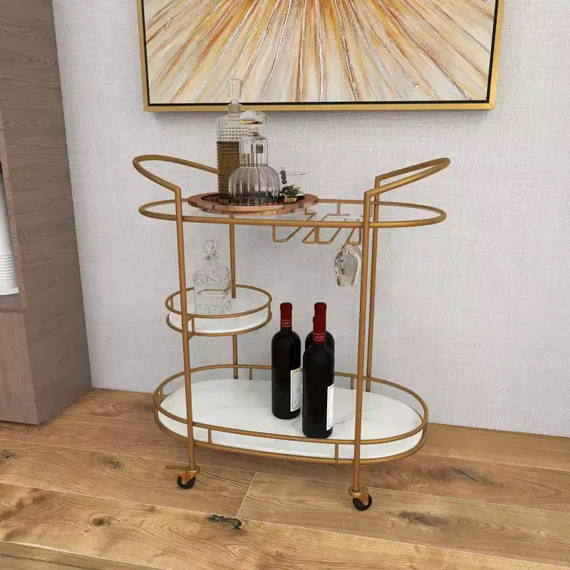Chariot de bar contemporain en fer doré - Élégant rangement roulant à 3 niveaux, usage intérieur