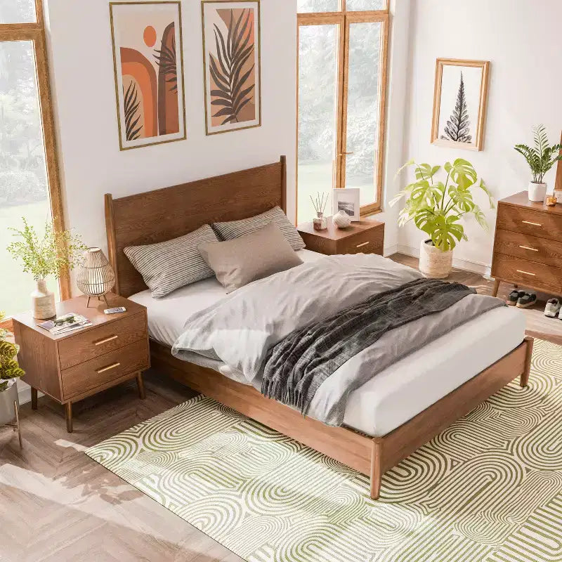 HOMES: Inside + Out Ensemble de chambre 3 pièces Mid-Century Modern Riverstone avec 2 tables de chevet Noyer