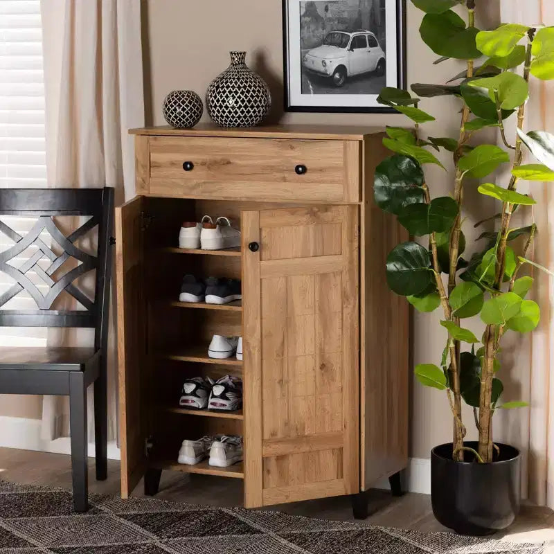 Meuble à chaussures en bois 1 tiroir, chêne marron, organiseur d'entrée avec 5 étagères