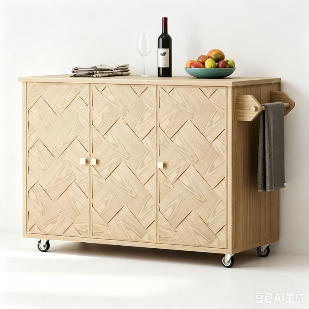 Îlot de cuisine roulant en placage de frêne tressé avec abattant, style côtier avec étagère de rangement interne