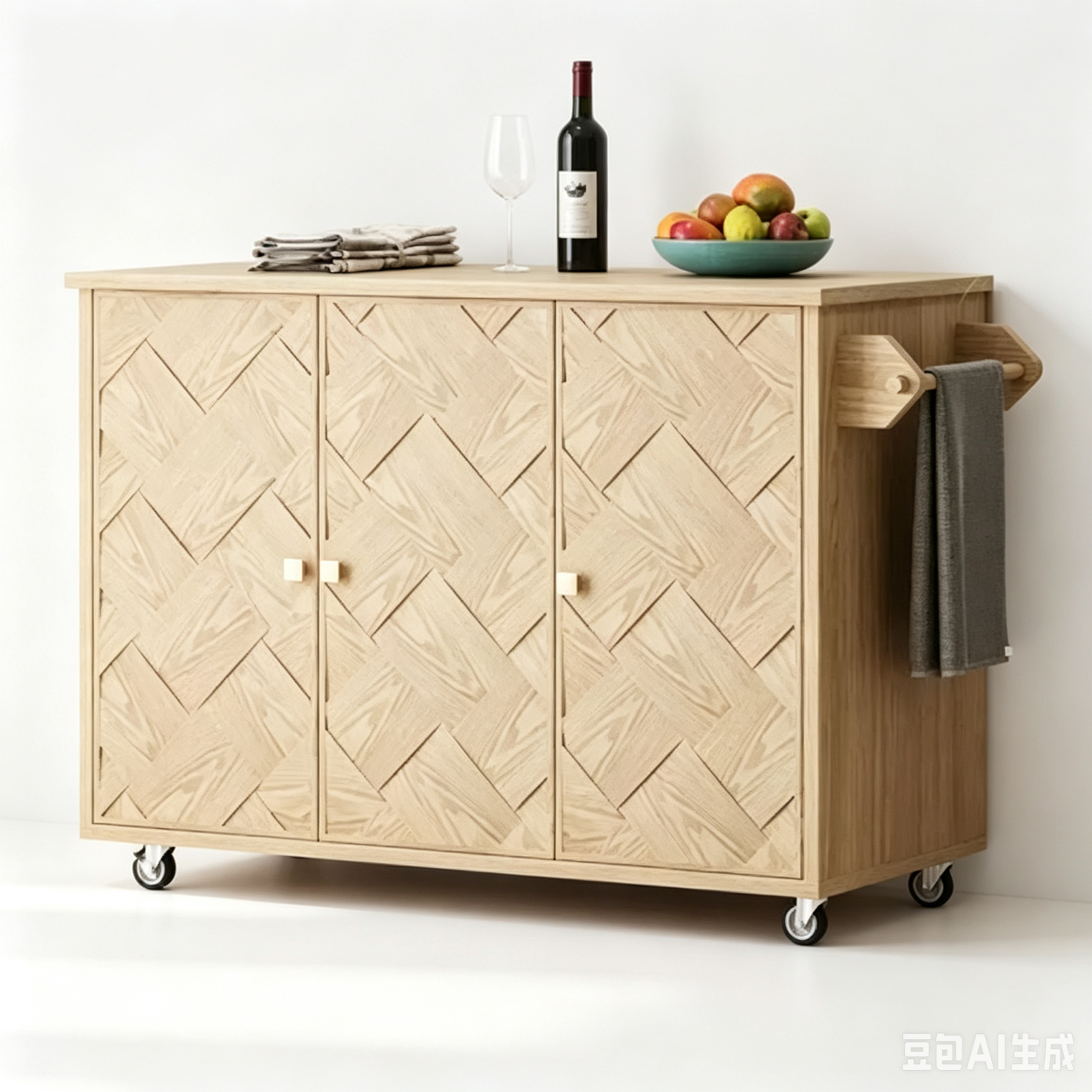 Îlot de cuisine roulant en placage de frêne tressé avec abattant, style côtier avec étagère de rangement interne