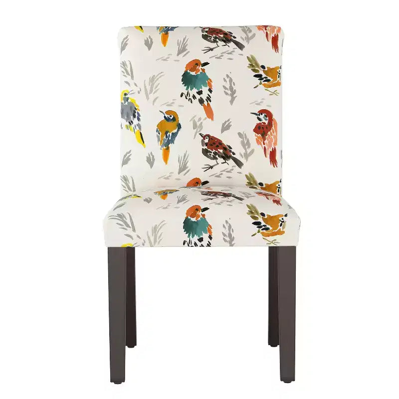 Chaise de salle à manger capitonnée à motif d'oiseaux, dossier courbé, mélange lin-coton