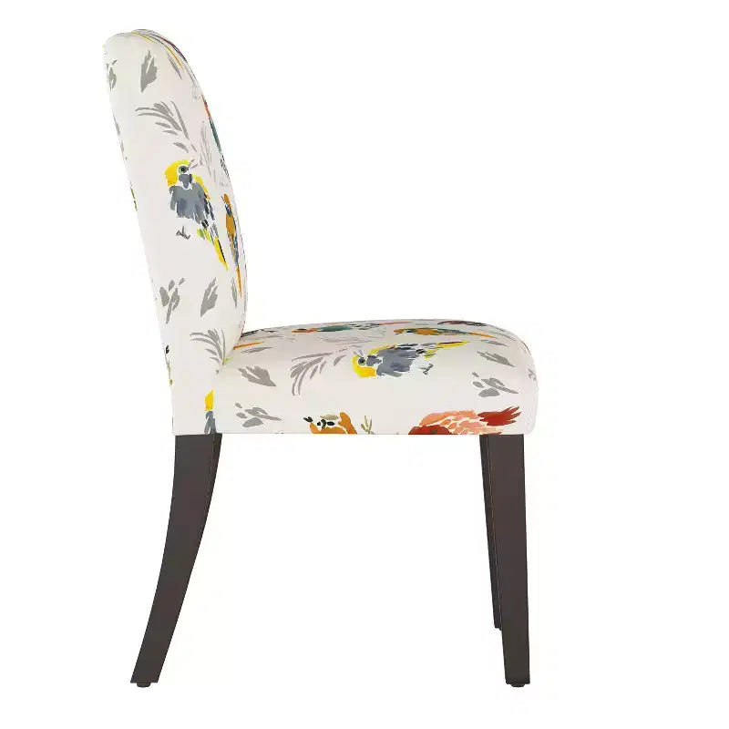 Chaise de salle à manger capitonnée à motif d'oiseaux, dossier courbé, mélange lin-coton