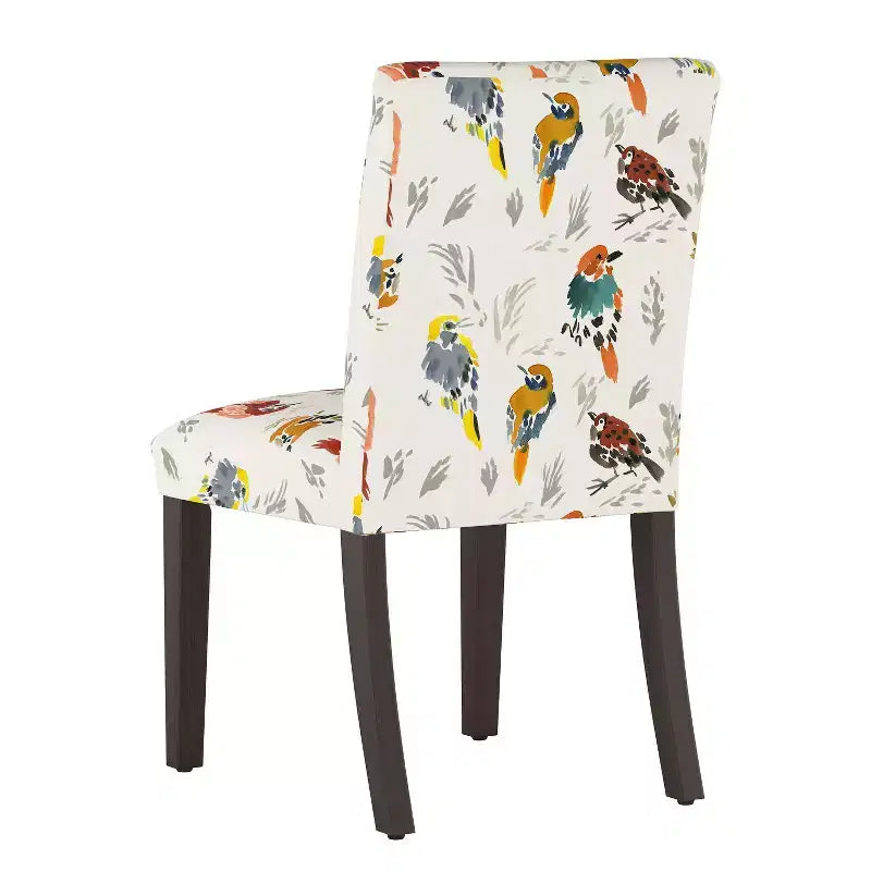 Chaise de salle à manger capitonnée à motif d'oiseaux, dossier courbé, mélange lin-coton