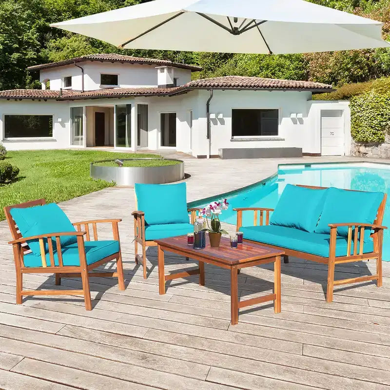 Costway 4PCS Wooden Patio Furniture Set Table Sofa Chair Cushioned Garden Turquoise