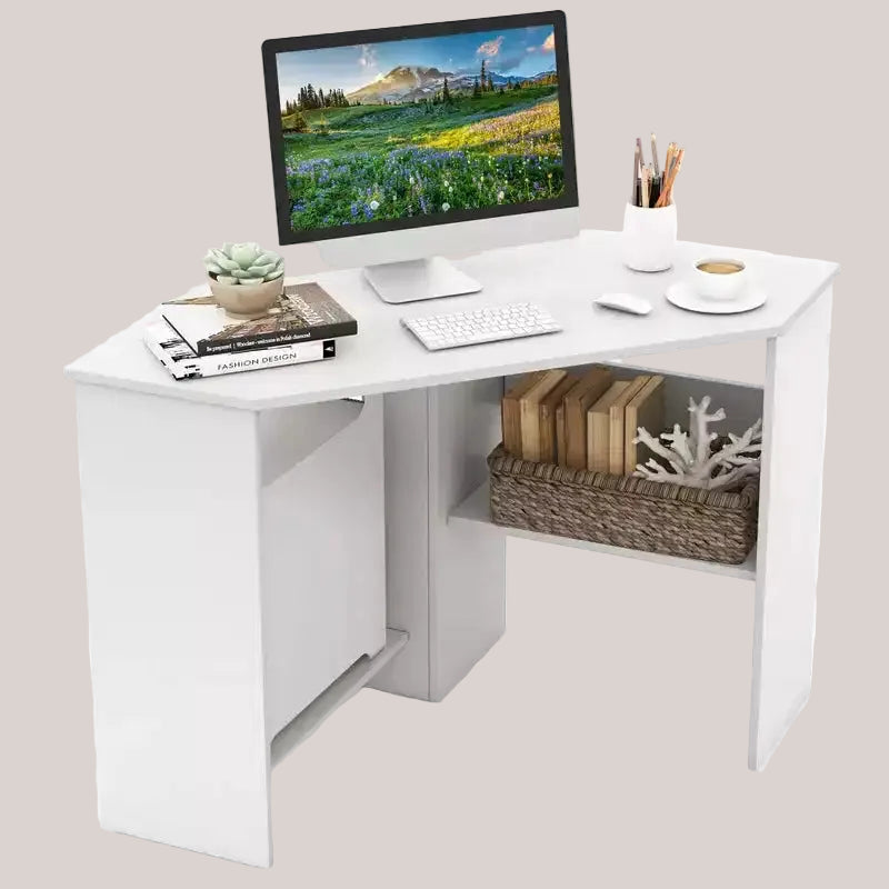 Costway Corner Computer Desk Triangle Writing Workstation w/ Storage Shelf White