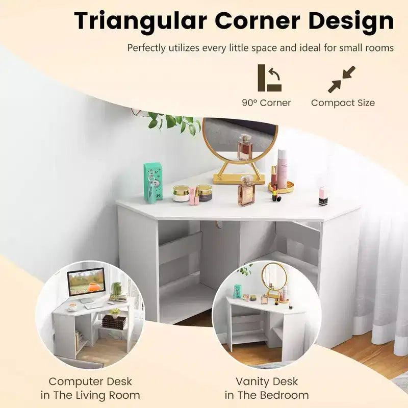 Bureau d'angle pour ordinateur, poste de travail triangulaire avec étagère de rangement, blanc