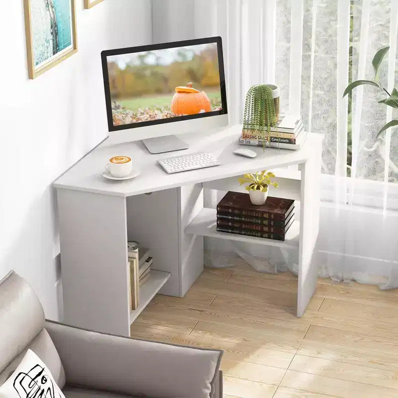 Bureau d'angle pour ordinateur, poste de travail triangulaire avec étagère de rangement, blanc