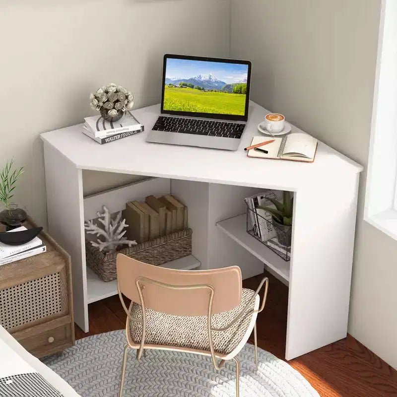 Bureau d'angle pour ordinateur, poste de travail triangulaire avec étagère de rangement, blanc