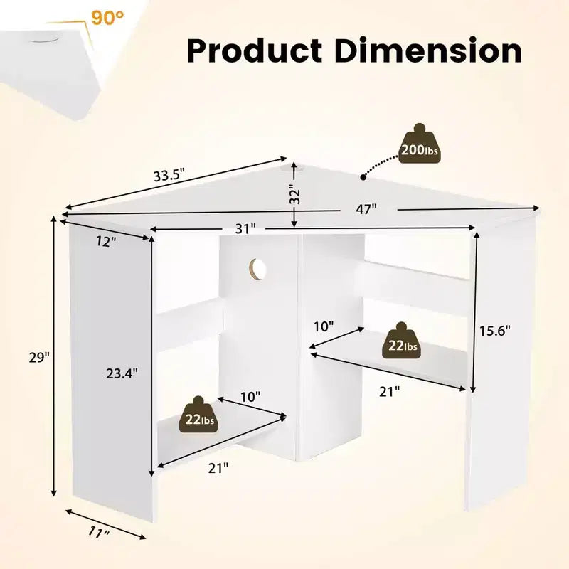 Bureau d'angle pour ordinateur, poste de travail triangulaire avec étagère de rangement, blanc