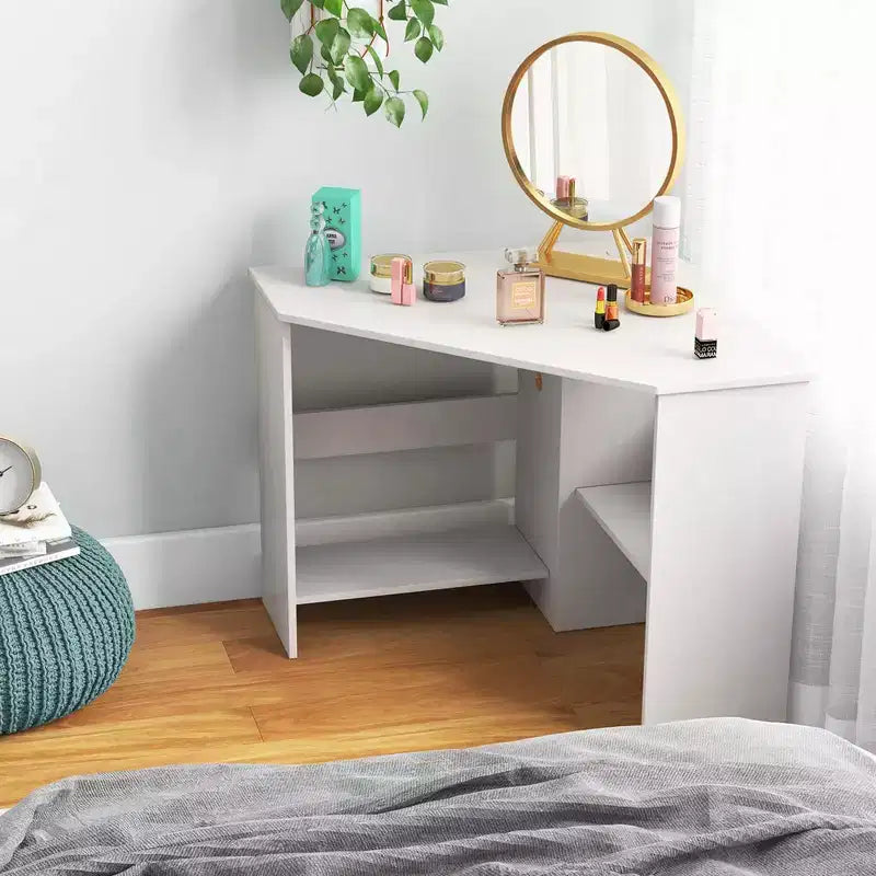 Bureau d'angle pour ordinateur, poste de travail triangulaire avec étagère de rangement, blanc