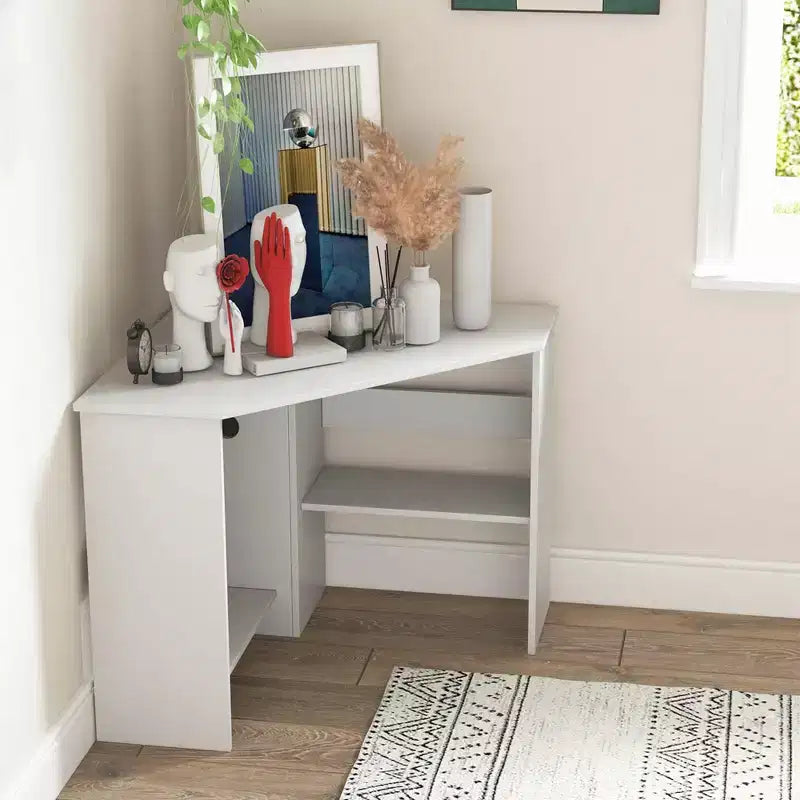 Bureau d'angle pour ordinateur, poste de travail triangulaire avec étagère de rangement, blanc