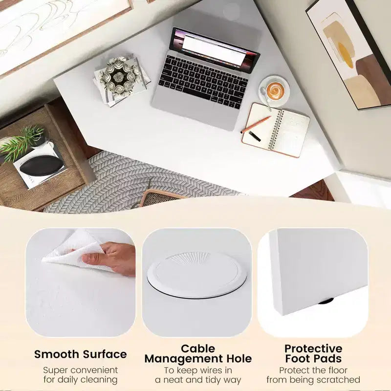 Bureau d'angle pour ordinateur, poste de travail triangulaire avec étagère de rangement, blanc