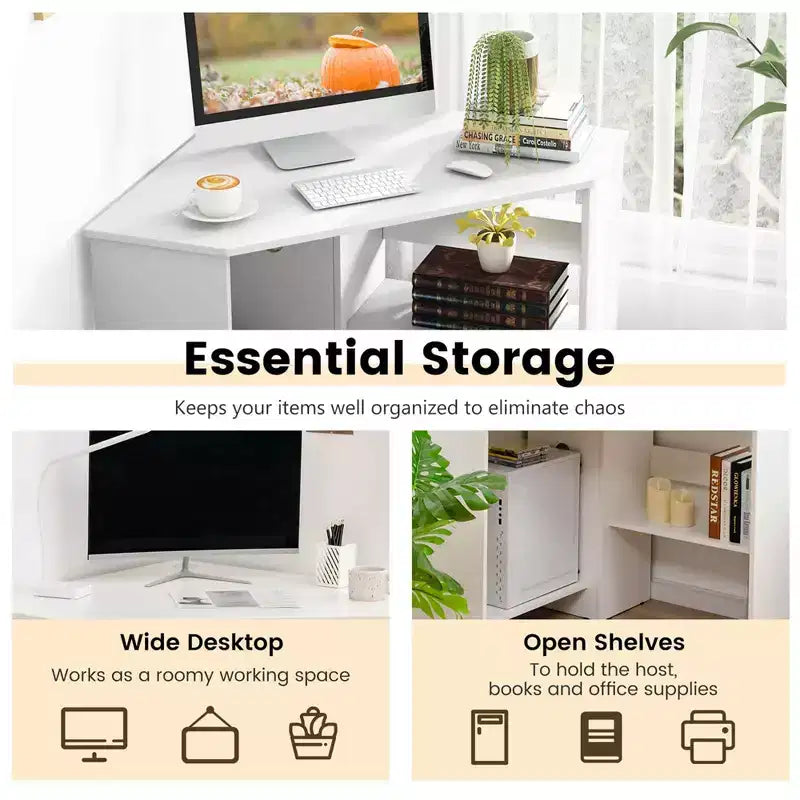 Bureau d'angle pour ordinateur, poste de travail triangulaire avec étagère de rangement, blanc