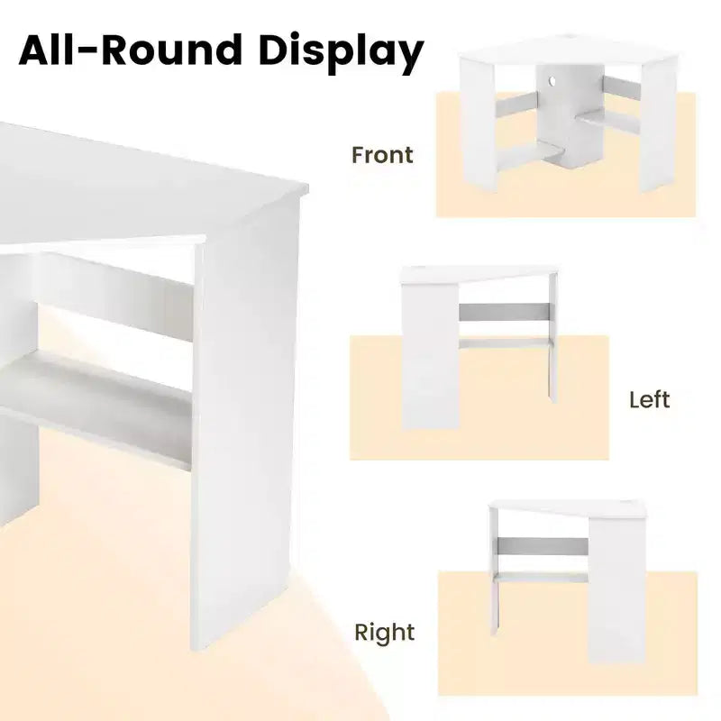 Bureau d'angle pour ordinateur, poste de travail triangulaire avec étagère de rangement, blanc