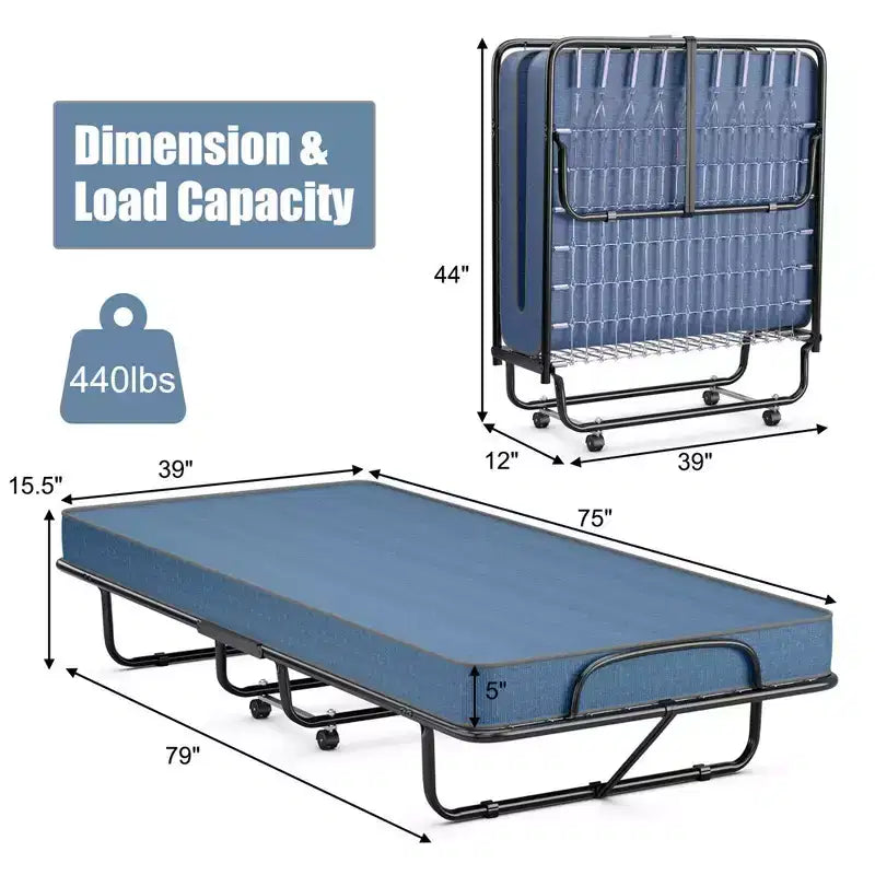 Lit pliant avec matelas en mousse à mémoire de forme, Lit d'appoint portable sur roulettes, Bleu marine