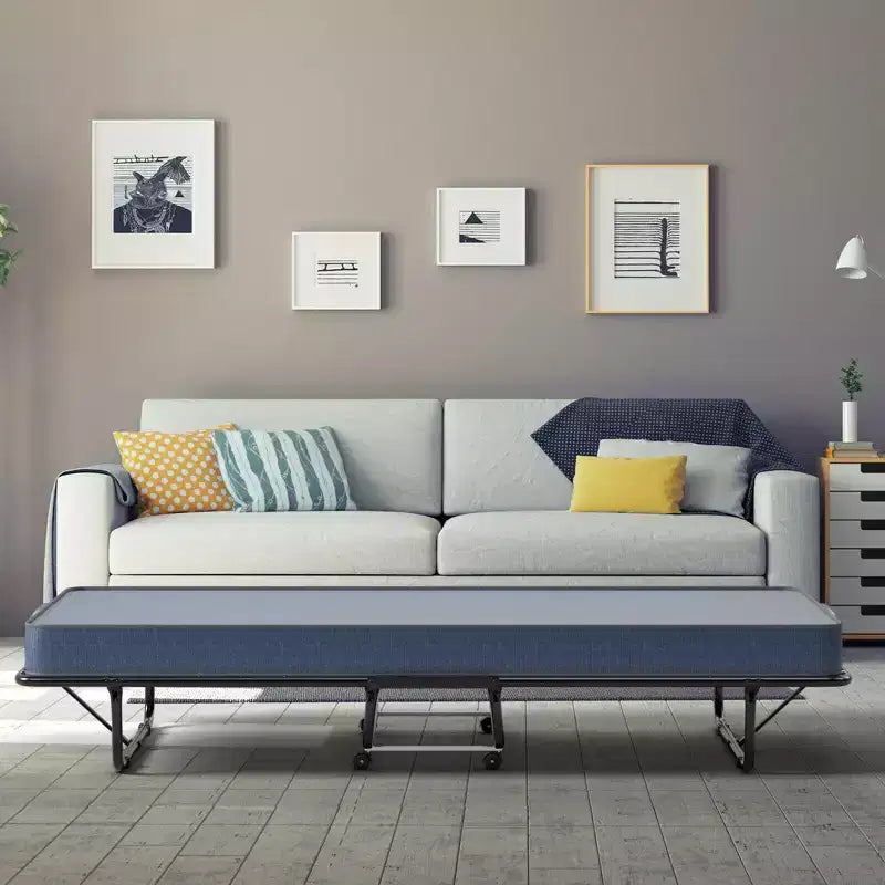 Lit pliant avec matelas en mousse à mémoire de forme, Lit d'appoint portable sur roulettes, Bleu marine