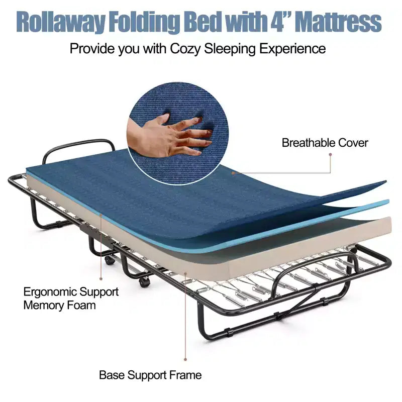 Lit pliant avec matelas en mousse à mémoire de forme, Lit d'appoint portable sur roulettes, Bleu marine