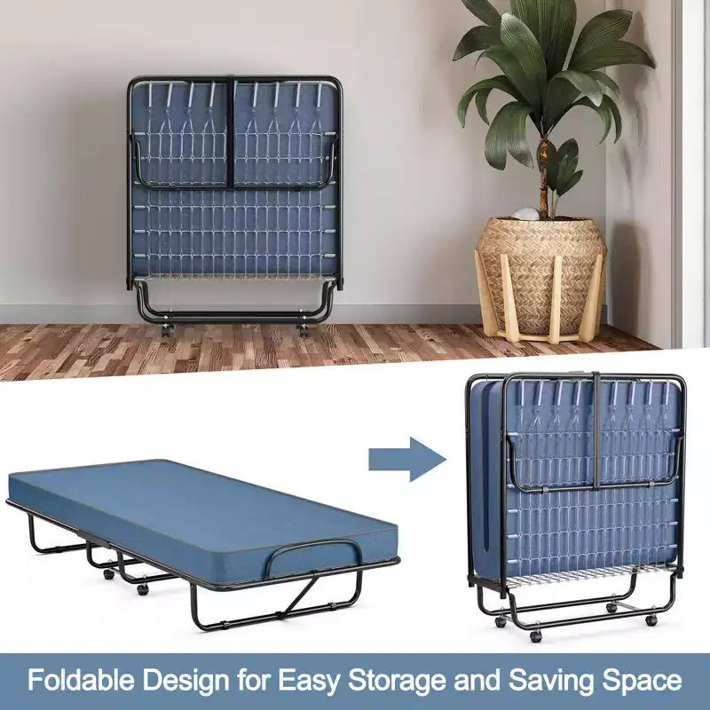 Lit pliant avec matelas en mousse à mémoire de forme, Lit d'appoint portable sur roulettes, Bleu marine