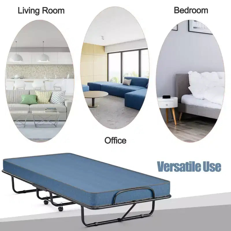 Lit pliant avec matelas en mousse à mémoire de forme, Lit d'appoint portable sur roulettes, Bleu marine