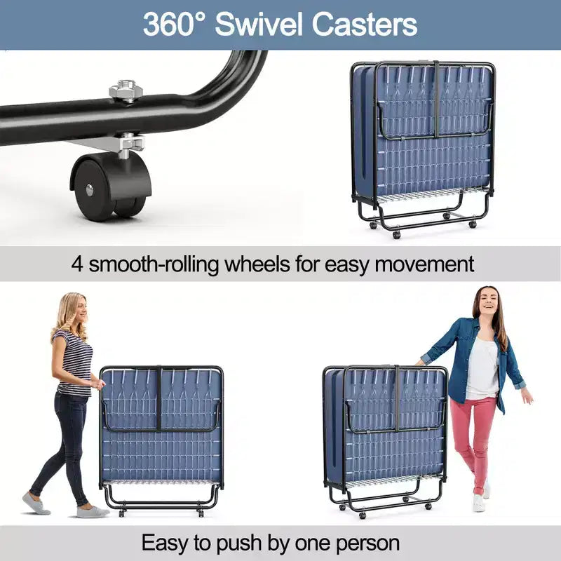Lit pliant avec matelas en mousse à mémoire de forme, Lit d'appoint portable sur roulettes, Bleu marine
