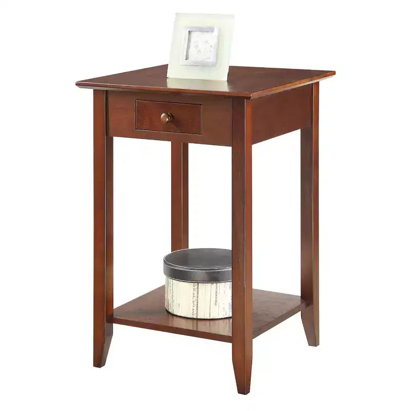 Table d'appoint carrée avec tiroir et étagère, Table d'appoint en bois dur noir