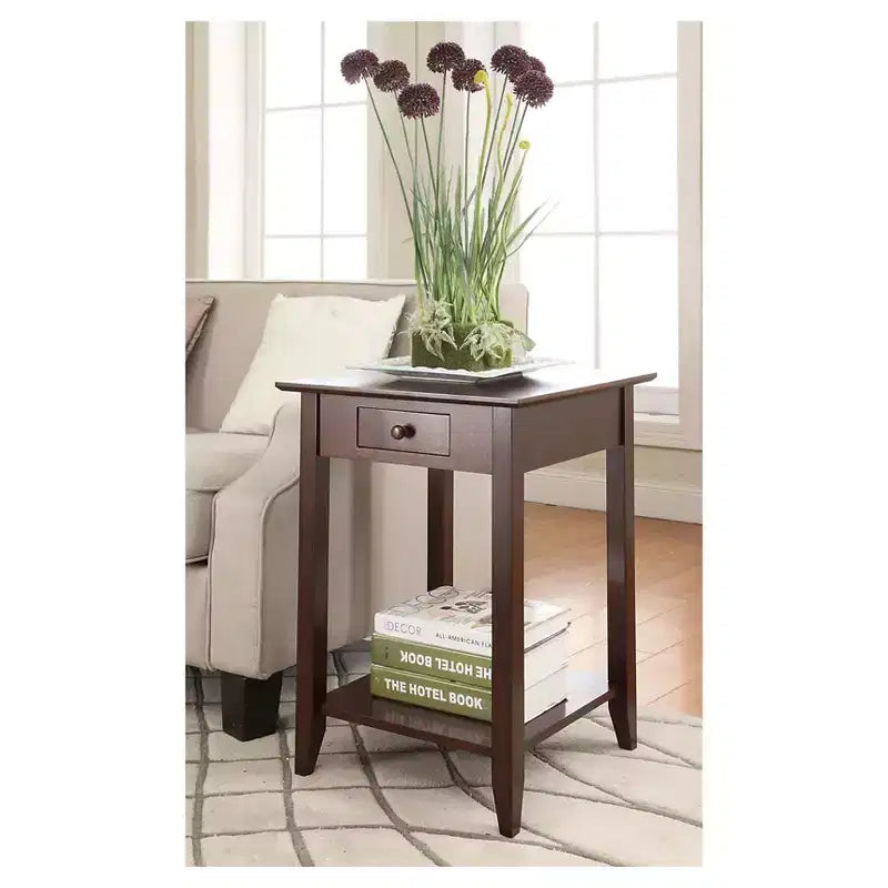 Table d'appoint carrée avec tiroir et étagère, Table d'appoint en bois dur noir