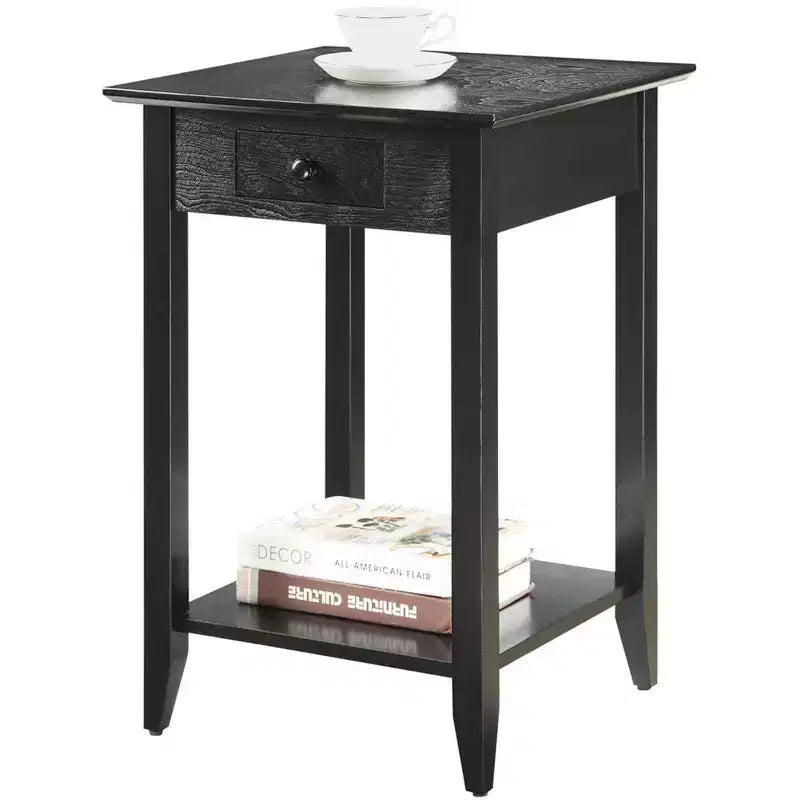 Table d'appoint carrée avec tiroir et étagère, Table d'appoint en bois dur noir