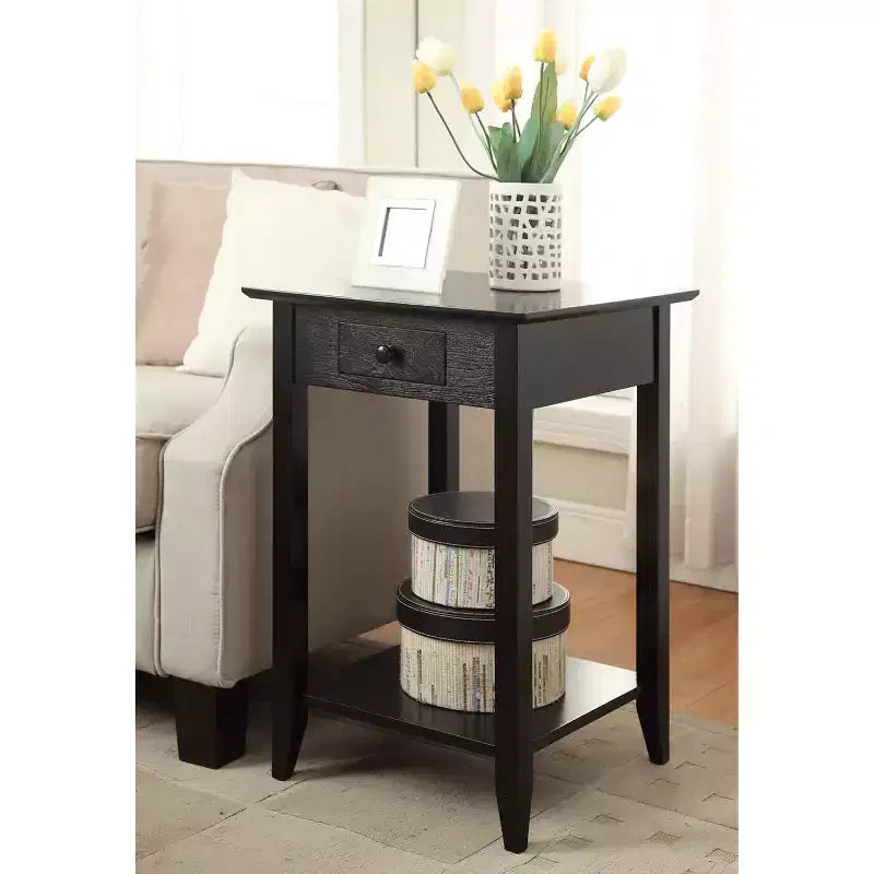 Table d'appoint carrée avec tiroir et étagère, Table d'appoint en bois dur noir