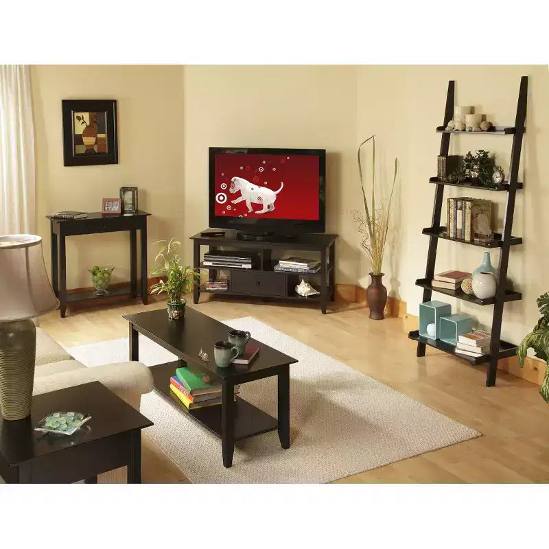 Table d'appoint carrée avec tiroir et étagère, Table d'appoint en bois dur noir