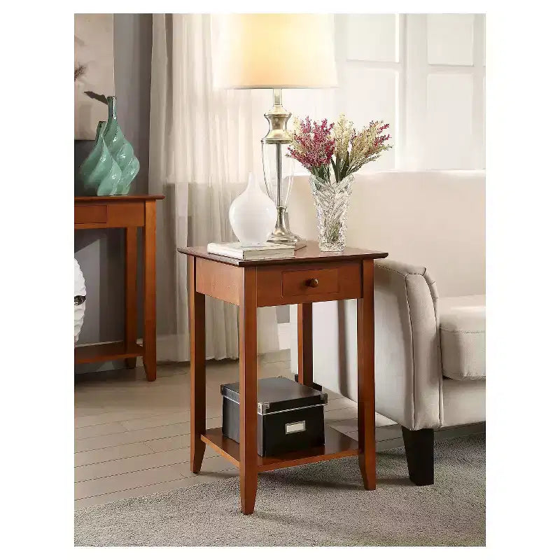 Table d'appoint carrée avec tiroir et étagère, Table d'appoint en bois dur noir