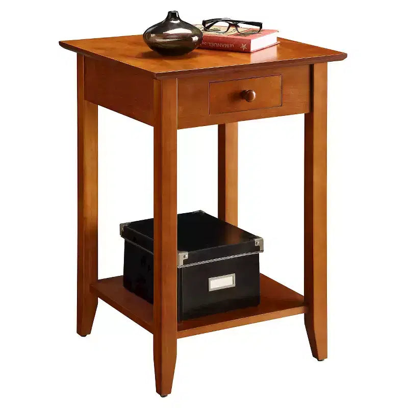 Table d'appoint carrée avec tiroir et étagère, Table d'appoint en bois dur noir