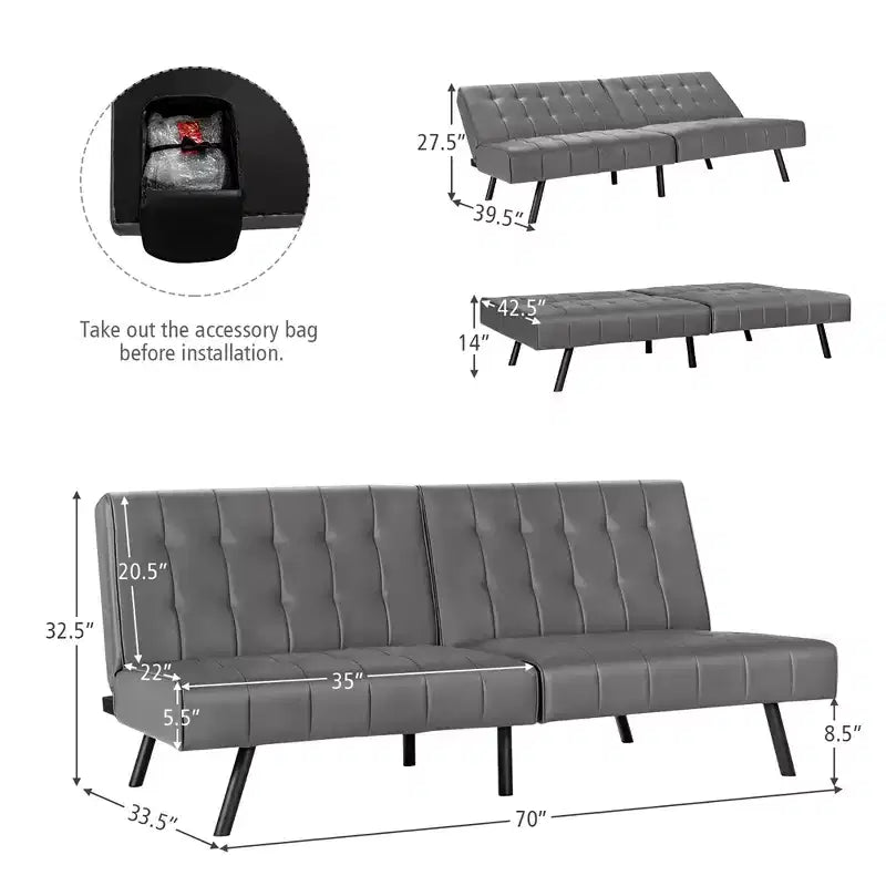 Canapé-lit futon en cuir PU, convertible, pliable, couchage, coloris blanc/noir/gris