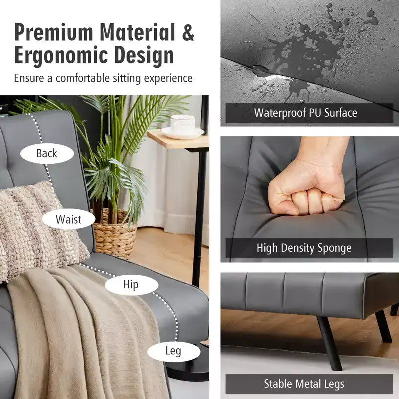 Canapé-lit futon en cuir PU, convertible, pliable, couchage, coloris blanc/noir/gris