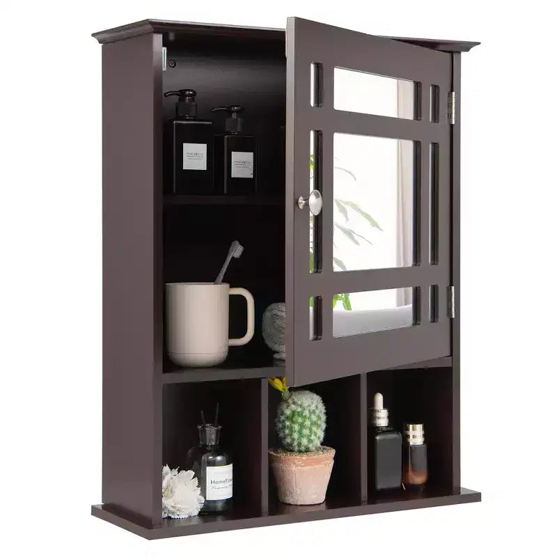 Armoire à pharmacie à miroir, rangement mural pour salle de bain avec étagère réglable, gris/marron