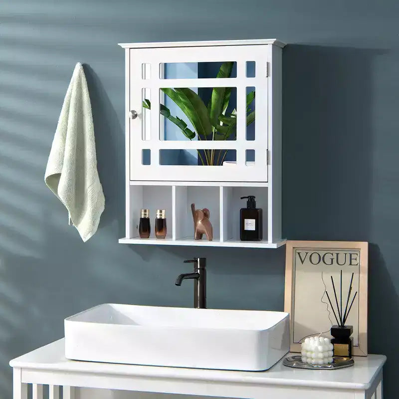 Armoire à pharmacie à miroir, rangement mural pour salle de bain avec étagère réglable, gris/marron
