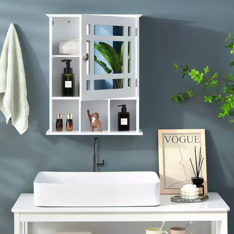 Armoire à pharmacie à miroir, rangement mural pour salle de bain avec étagère réglable, gris/marron