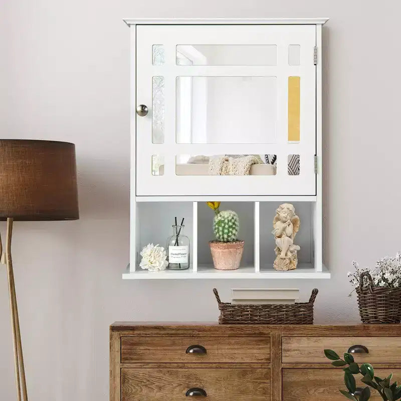 Armoire à pharmacie à miroir, rangement mural pour salle de bain avec étagère réglable, gris/marron