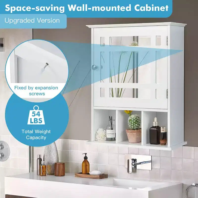 Armoire à pharmacie à miroir, rangement mural pour salle de bain avec étagère réglable, gris/marron