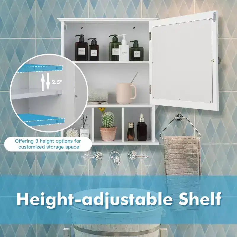 Armoire à pharmacie à miroir, rangement mural pour salle de bain avec étagère réglable, gris/marron